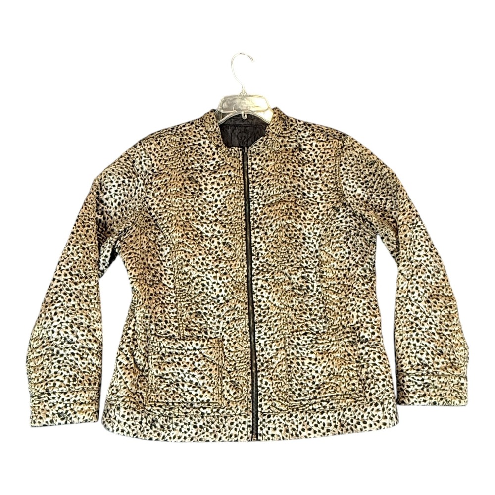 Chico's Reversible Quilted Jacket Women Size 2 Gold Leopard Gray Full Zip Mock - Picture 6 of 16